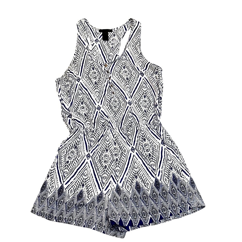 CCC Wide Leg Summer Romper Sleeveless Blue White Casual Geometric Print Size Sm - Picture 1 of 3